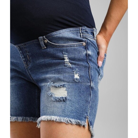 Kancan Maternity Stretch Shorts Blue Denim Distressed Full Belly Panel Sz 7/27 - Picture 3 of 14
